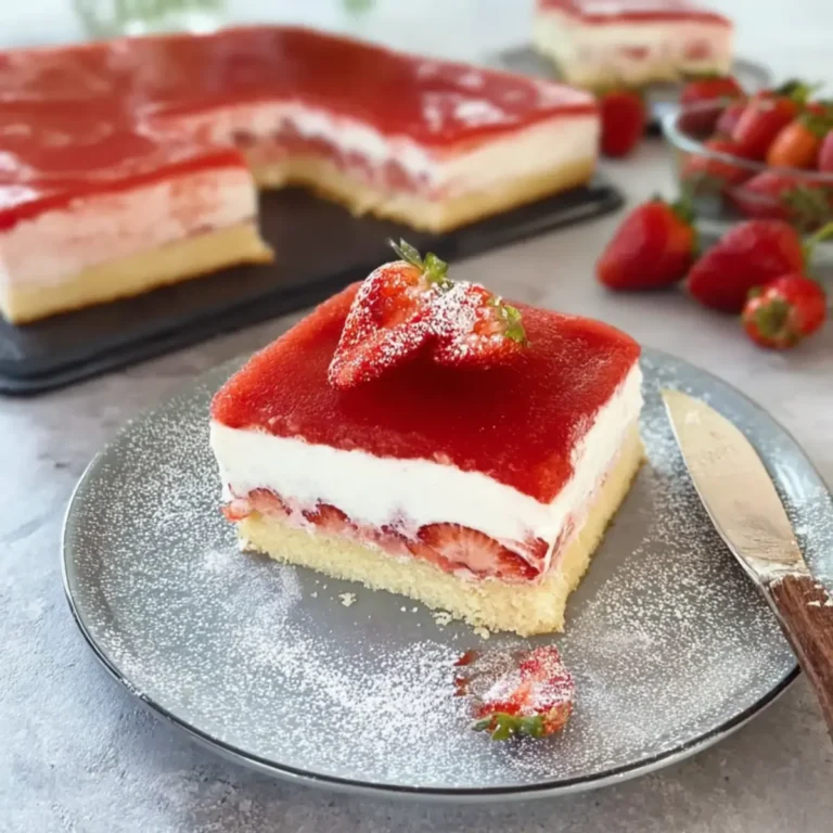 Erdbeerkuchen mit Pudding und Erdbeerspiegel vom Blech