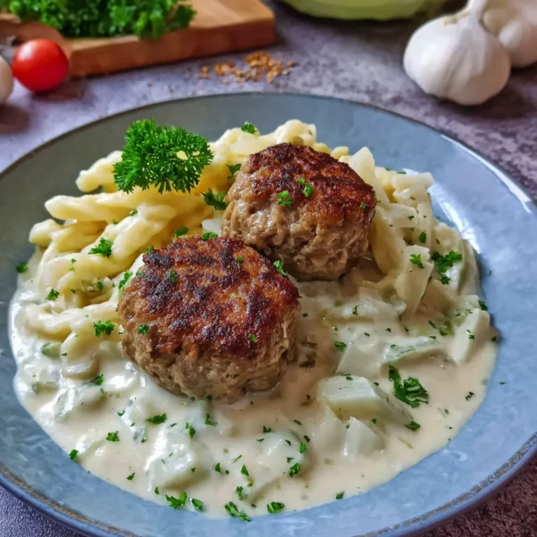 Kohlrabigemüse in heller Soße mit Frikadellen und Spätzle