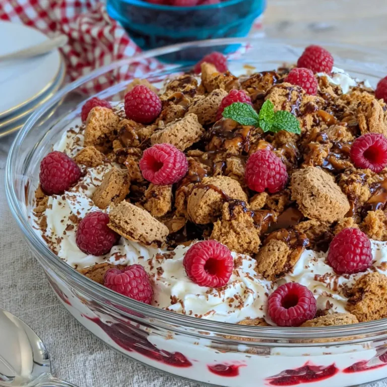 Dessert mit Himbeeren und Keksen