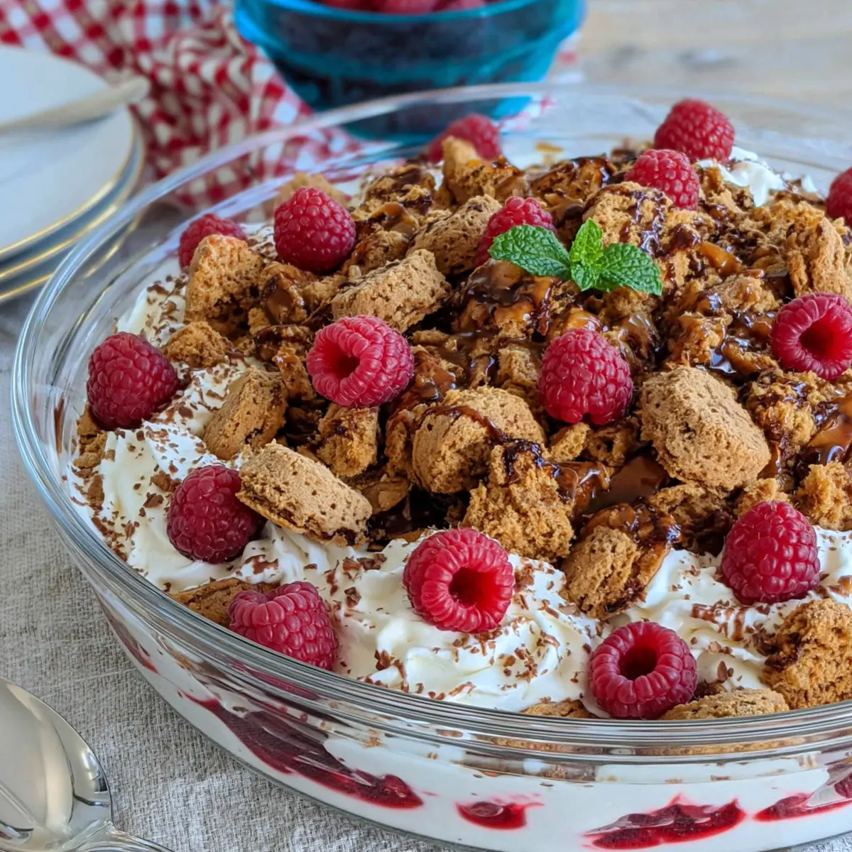 Dessert mit Himbeeren und Keksen