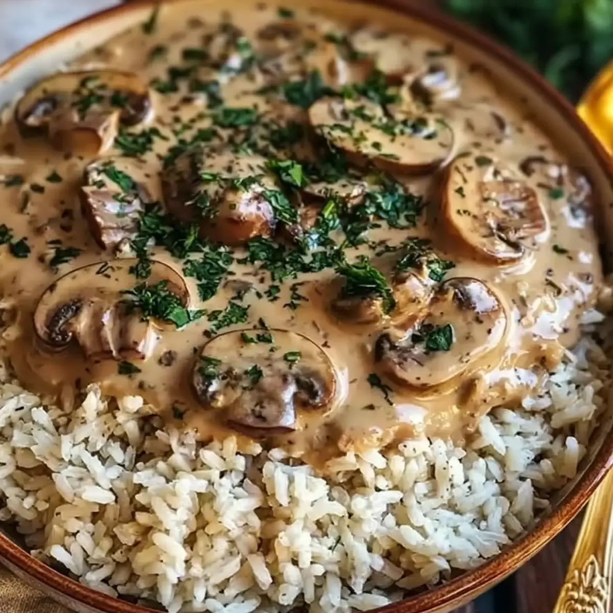 Pilz Stroganoff mit Vollkornreis