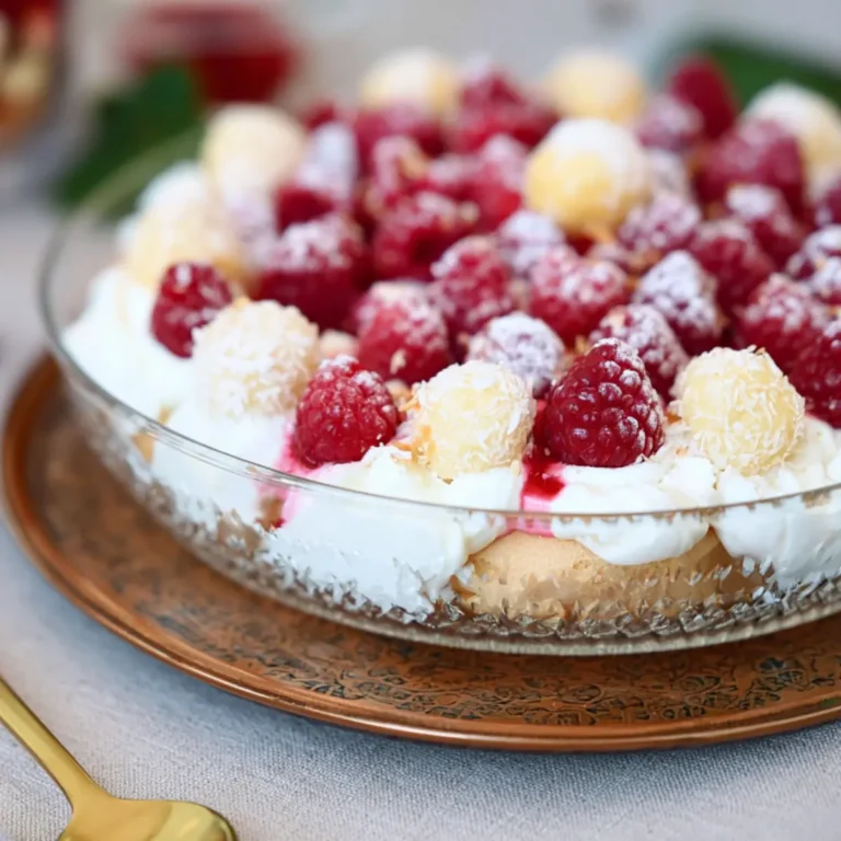 Windbeutel Dessert mit Raffaello, Himbeeren und Quarkcreme