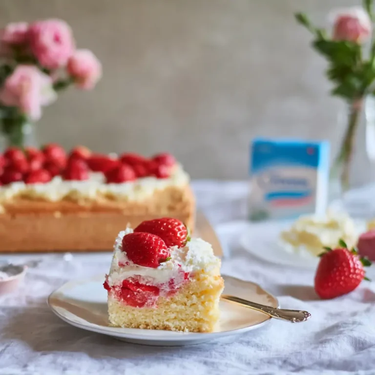 Erdbeerkuchen vom Blech mit Vanillepudding