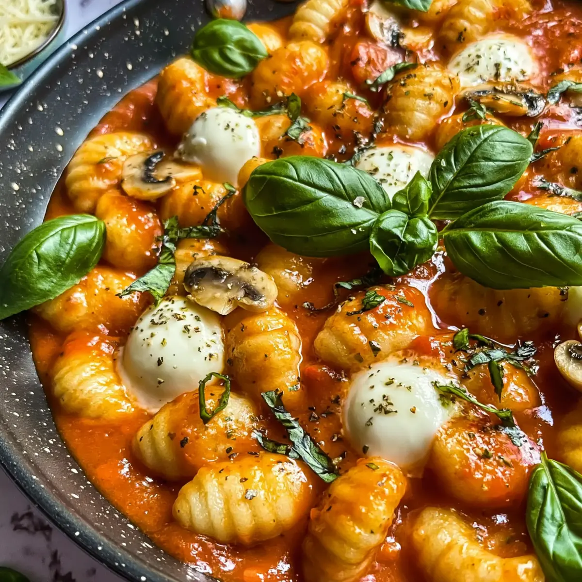 Gnocchi Pfanne mit Tomate, Mozzarella und Basilikum