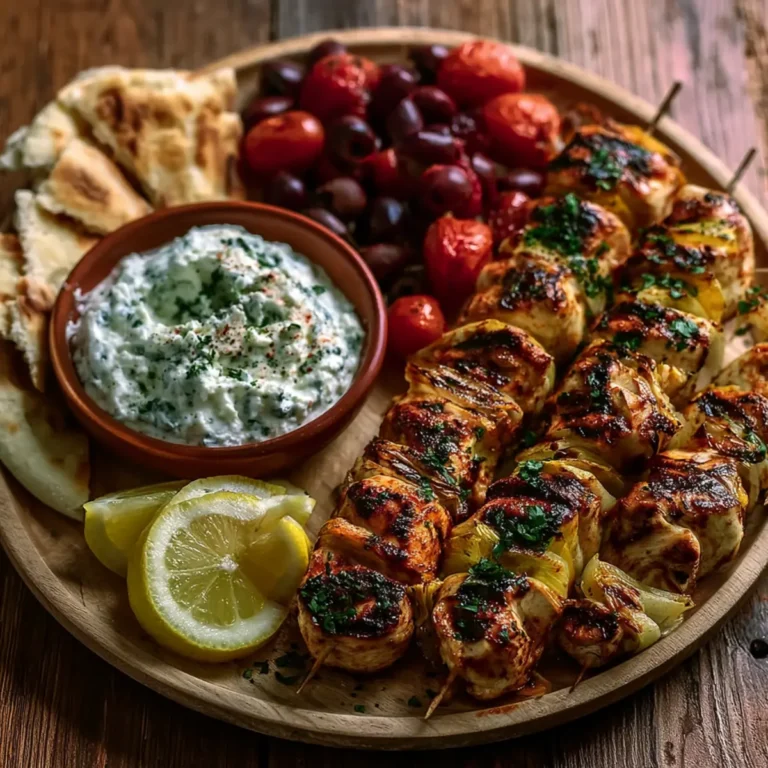 Griechische Hähnchen Souvlaki Platte mit Feta Dip