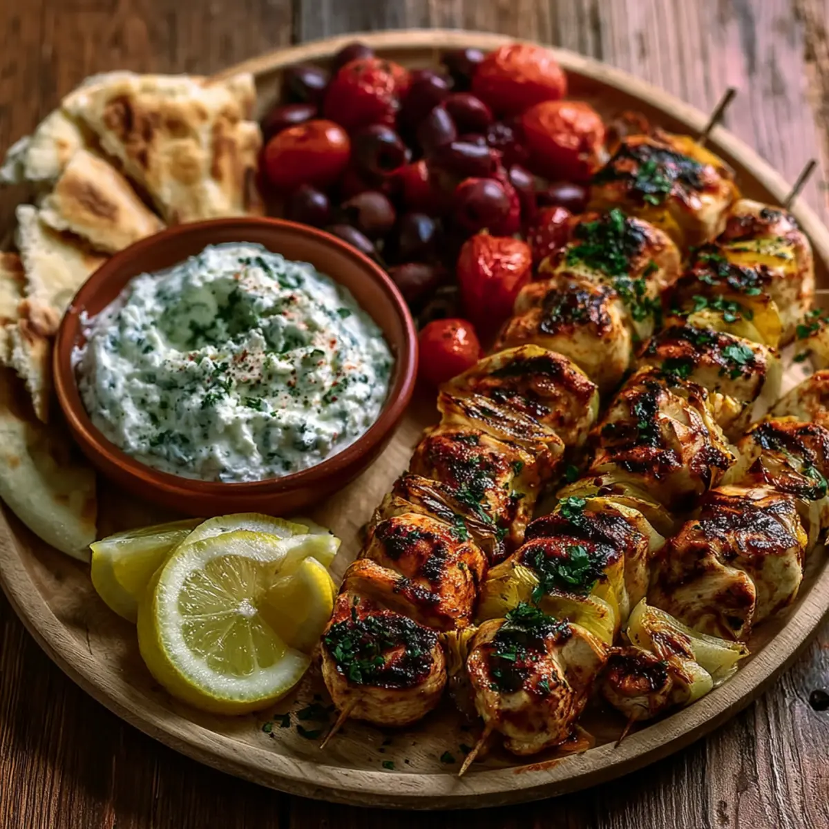 Griechische Hähnchen Souvlaki Platte mit Feta Dip