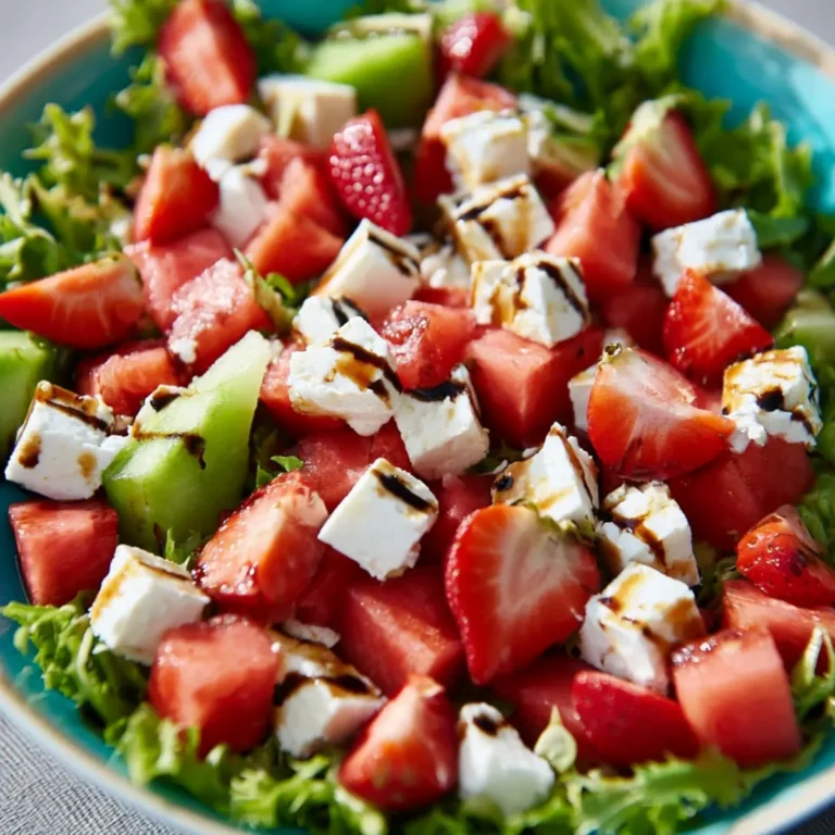 Melonen Feta Salat mit Erdbeeren, Blattsalat und Balsamico