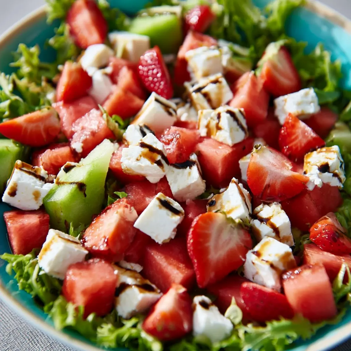 Melonen Feta Salat mit Erdbeeren, Blattsalat und Balsamico