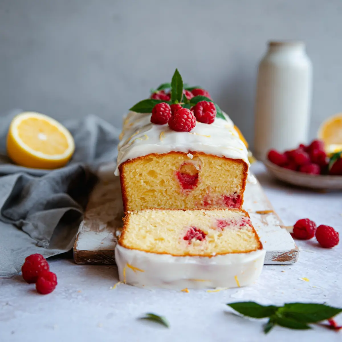 Zitronenkuchen mit Himbeeren